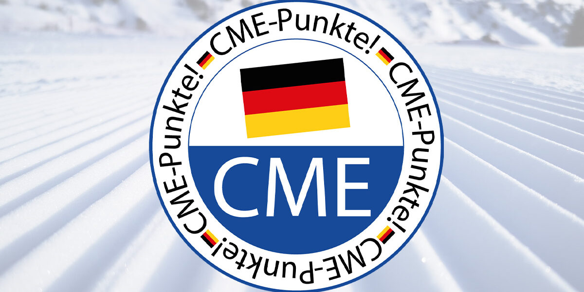 Rundes Siegel mit deutscher Flagge und der Aufschrift „CME-Punkte!“ vor einer frisch präparierten Skipiste im Schnee.