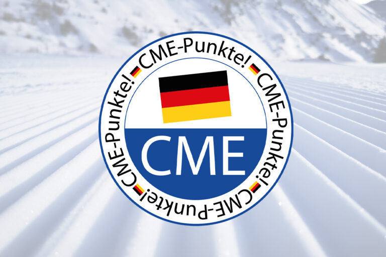 Rundes Siegel mit deutscher Flagge und der Aufschrift „CME-Punkte!“ vor einer frisch präparierten Skipiste im Schnee.